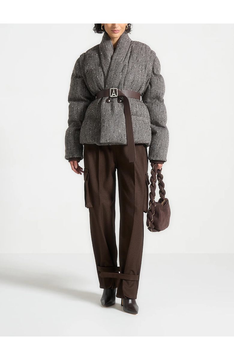 Manière De Voir Inez Herringbone Wool Wrap Belted Puffer Jacket, Main, color, Brown