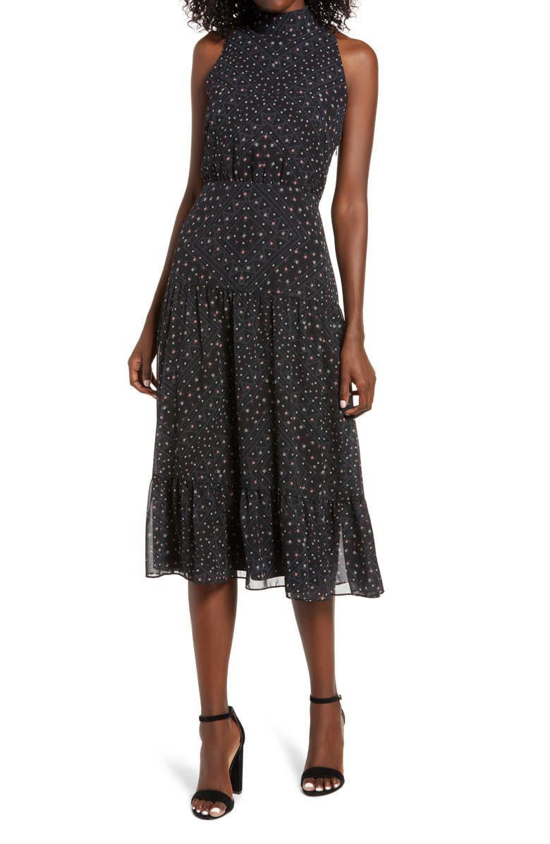 Sam Edelman Astro Floral High Neck Chiffon Midi Dress, Main, color, Black Multi
