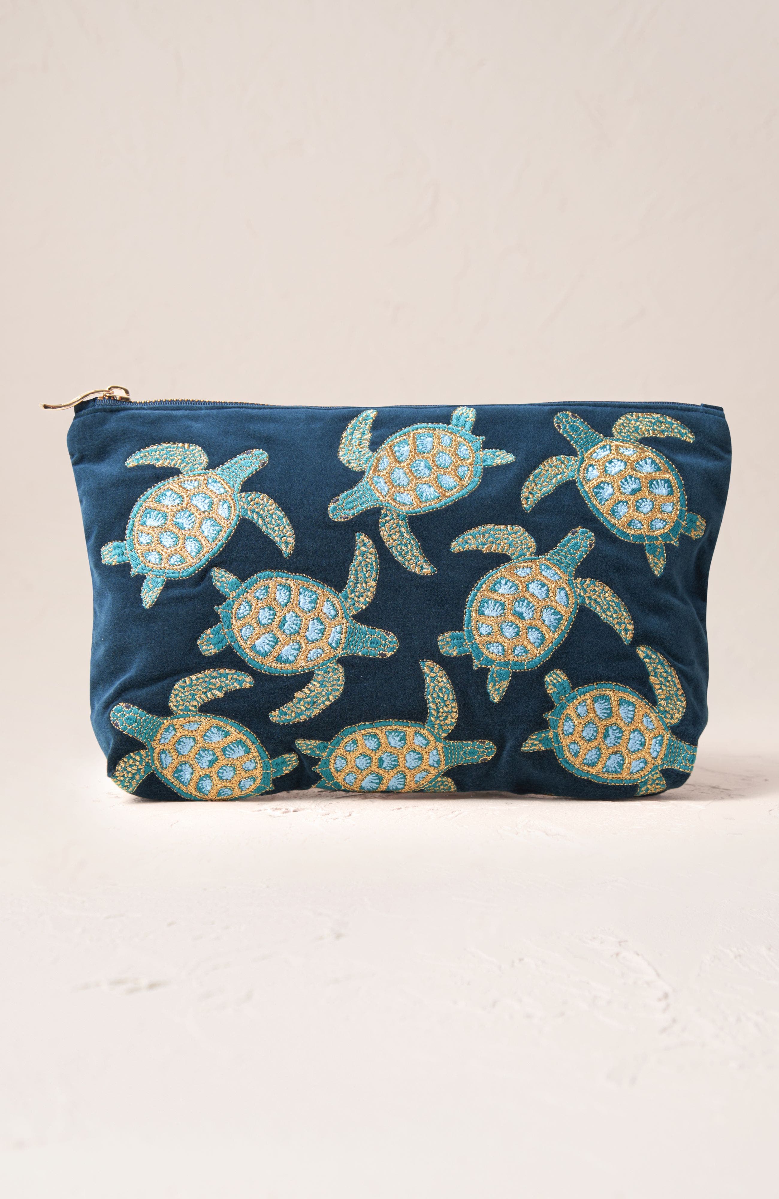 Elizabeth Scarlett Turtle Conservation Velvet Everyday Pouch, Main, color, Marine Navy