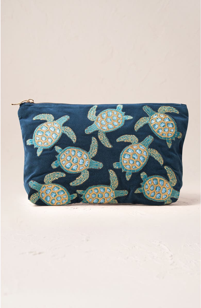 Elizabeth Scarlett Turtle Conservation Velvet Everyday Pouch, Main, color, Marine Navy