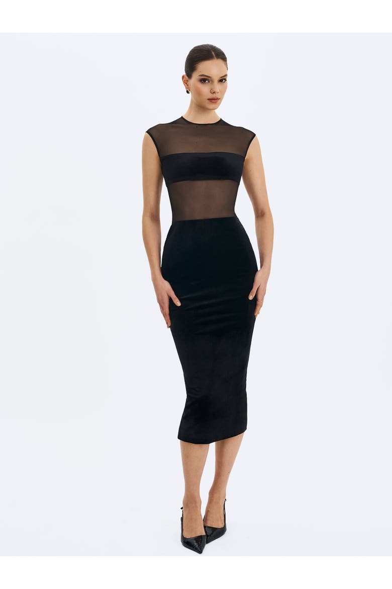 Quielle Mesh and Velvet Midi Bodycon Dress, Alternate, color, Black