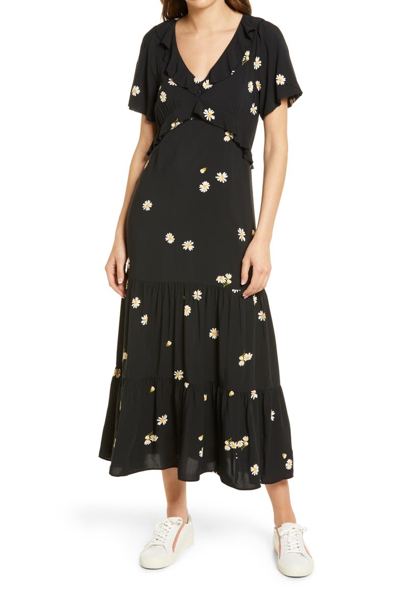 Lazy Daisies Ruffle Tiered Maxi Dress, Main, color, TRUE BLACK