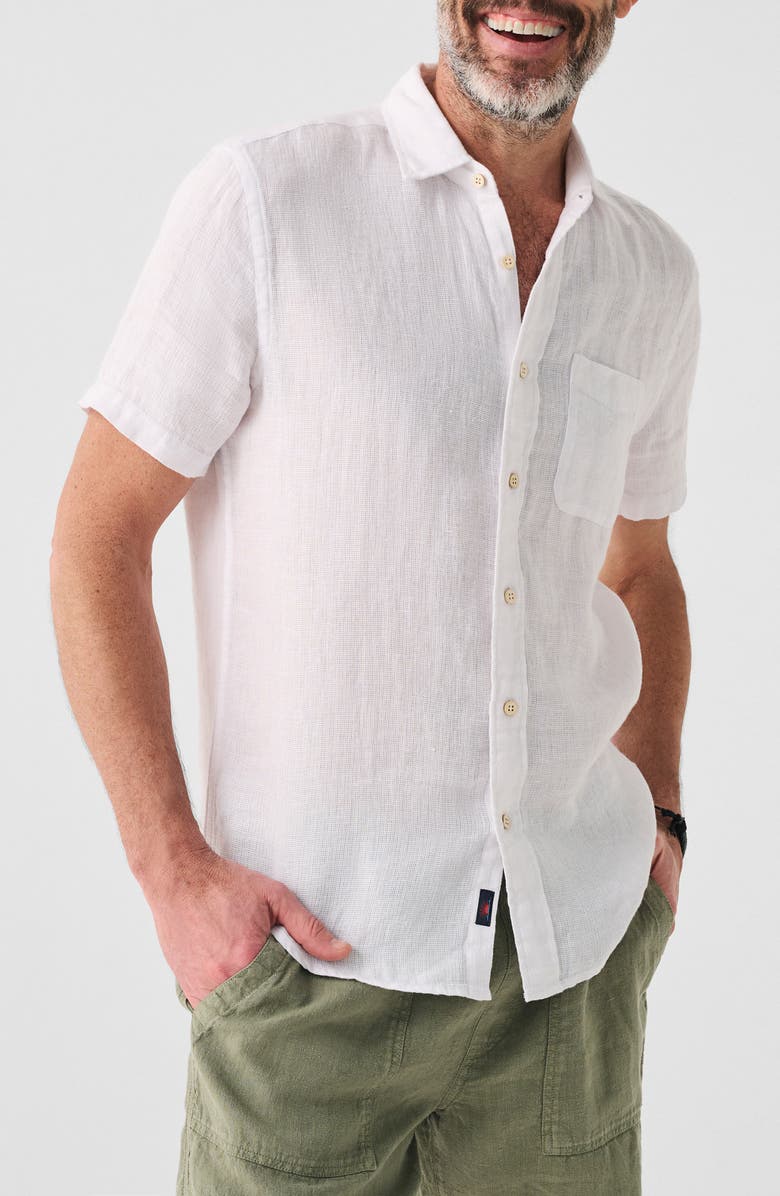 Faherty Palma Linen Short Sleeve Button-Up Shirt, Main, color, Bright White Basketweave