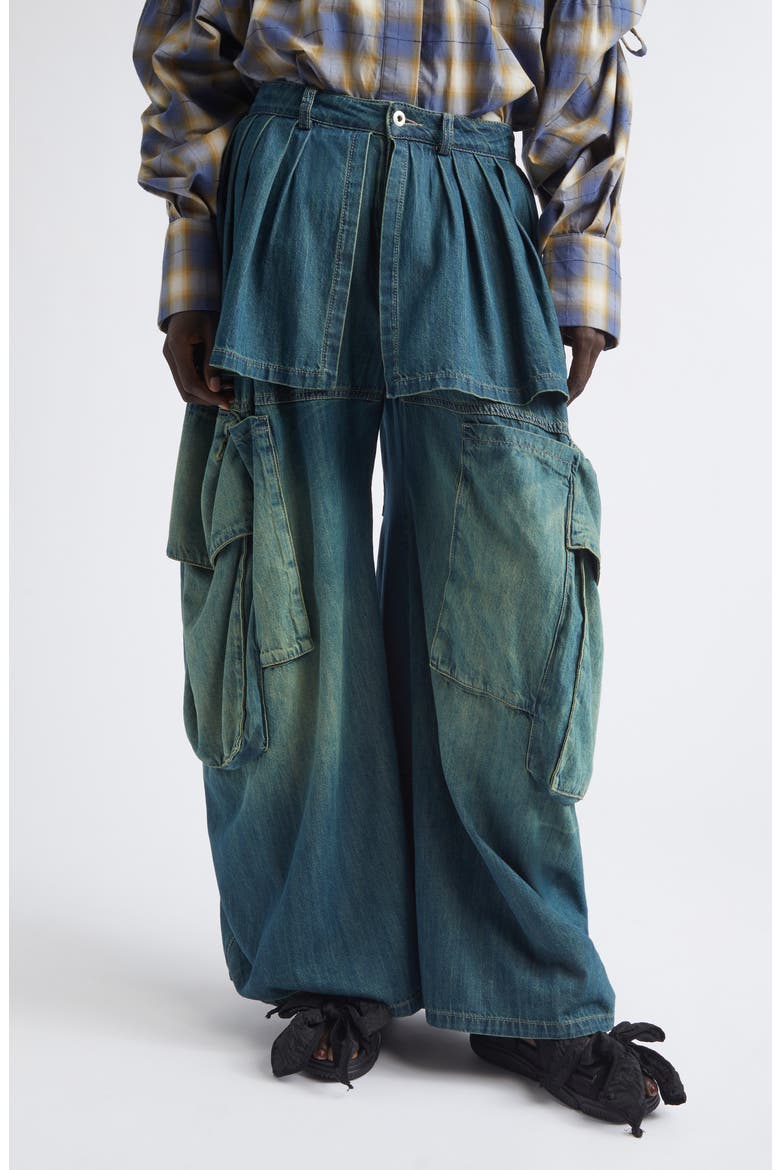 Hazel Skirt Panel Oversize Denim Cargo Pants, Main, color, GREENWASH