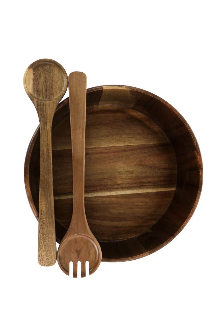 3 Piece Acacia Wood Salad Bowl and Spoon Set, Alternate, color, Brown
