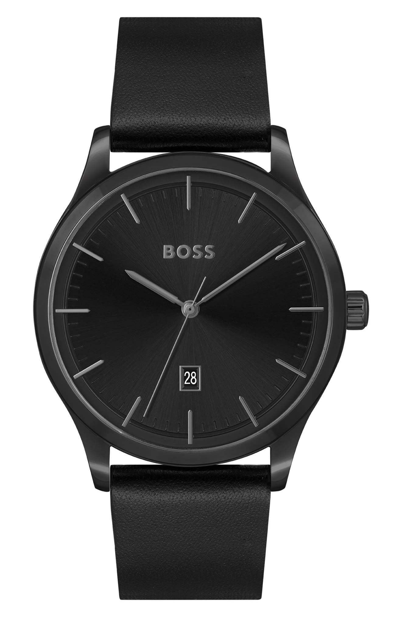 BOSS Three-Hand Quartz Leather Strap Watch, 43mm