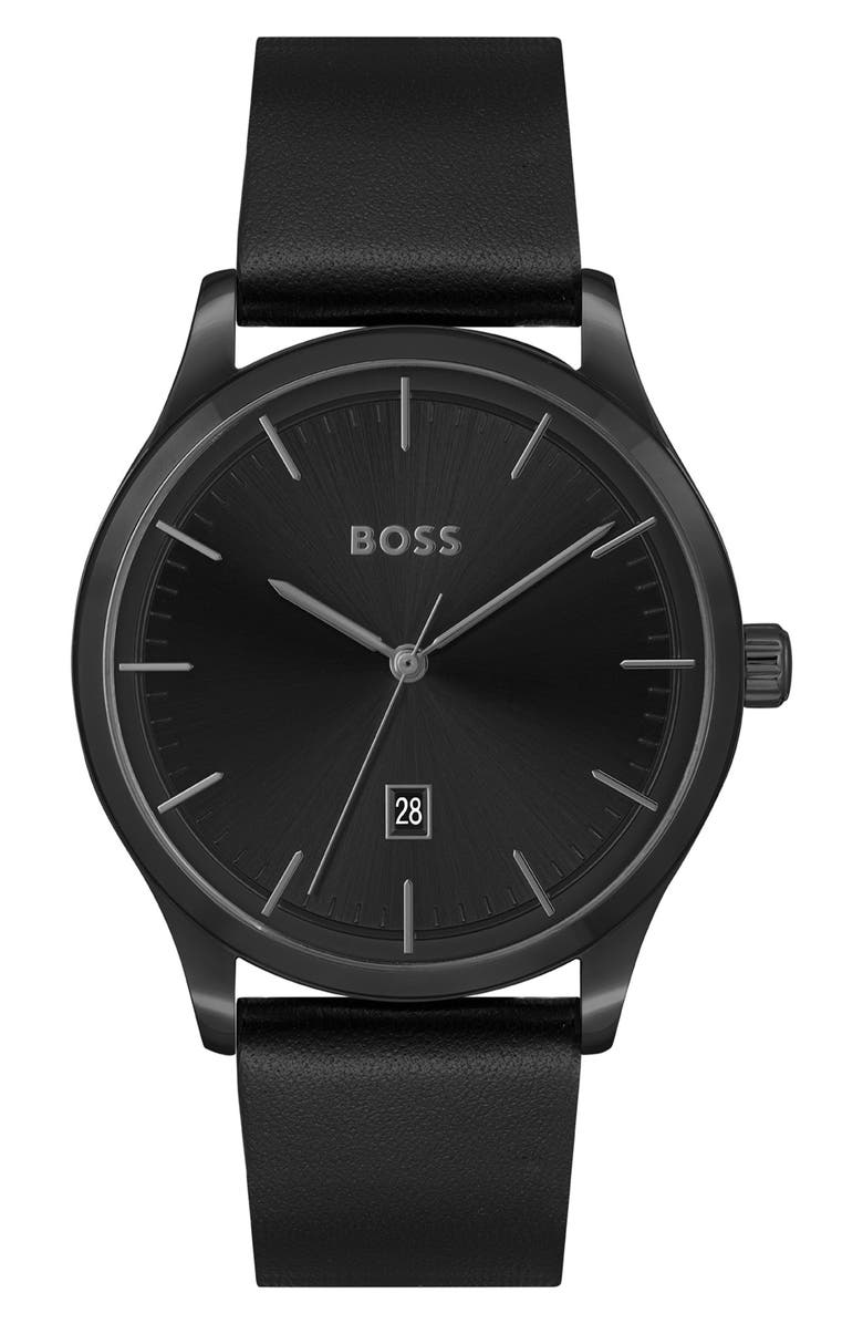 BOSS Three-Hand Quartz Leather Strap Watch, 43mm, Main, color, Black Dial