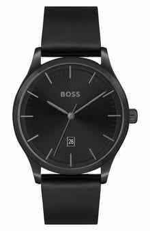 BOSS Three-Hand Quartz Leather Strap Watch, 43mm