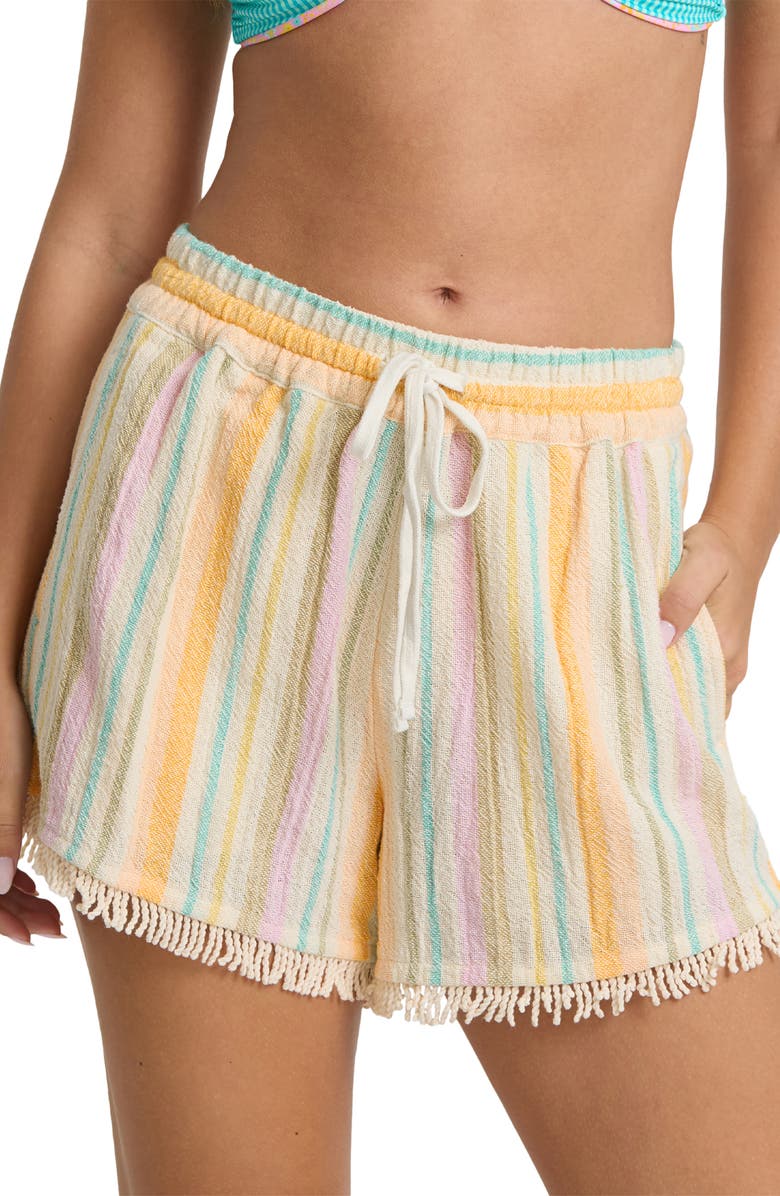 Billabong Palm Viva Stripe Fringe Hem Drawstring Shorts, Alternate, color, Sweet Lilac