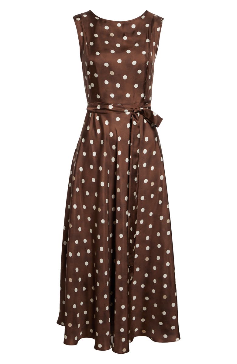 Max Mara Martina Polka Dot Silk Twill Midi Dress, Alternate, color, Brown