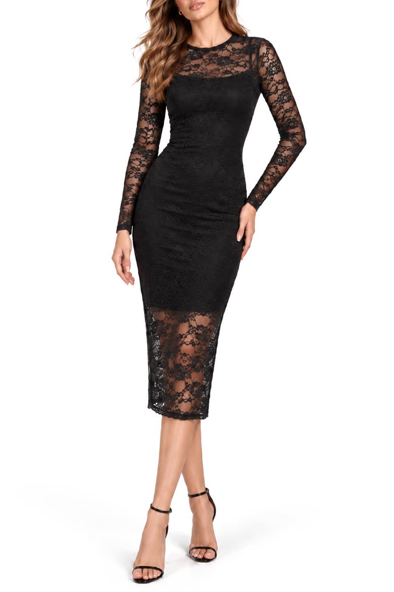 Sienna Lace Mesh Midi Dress, Main, color, BLACK