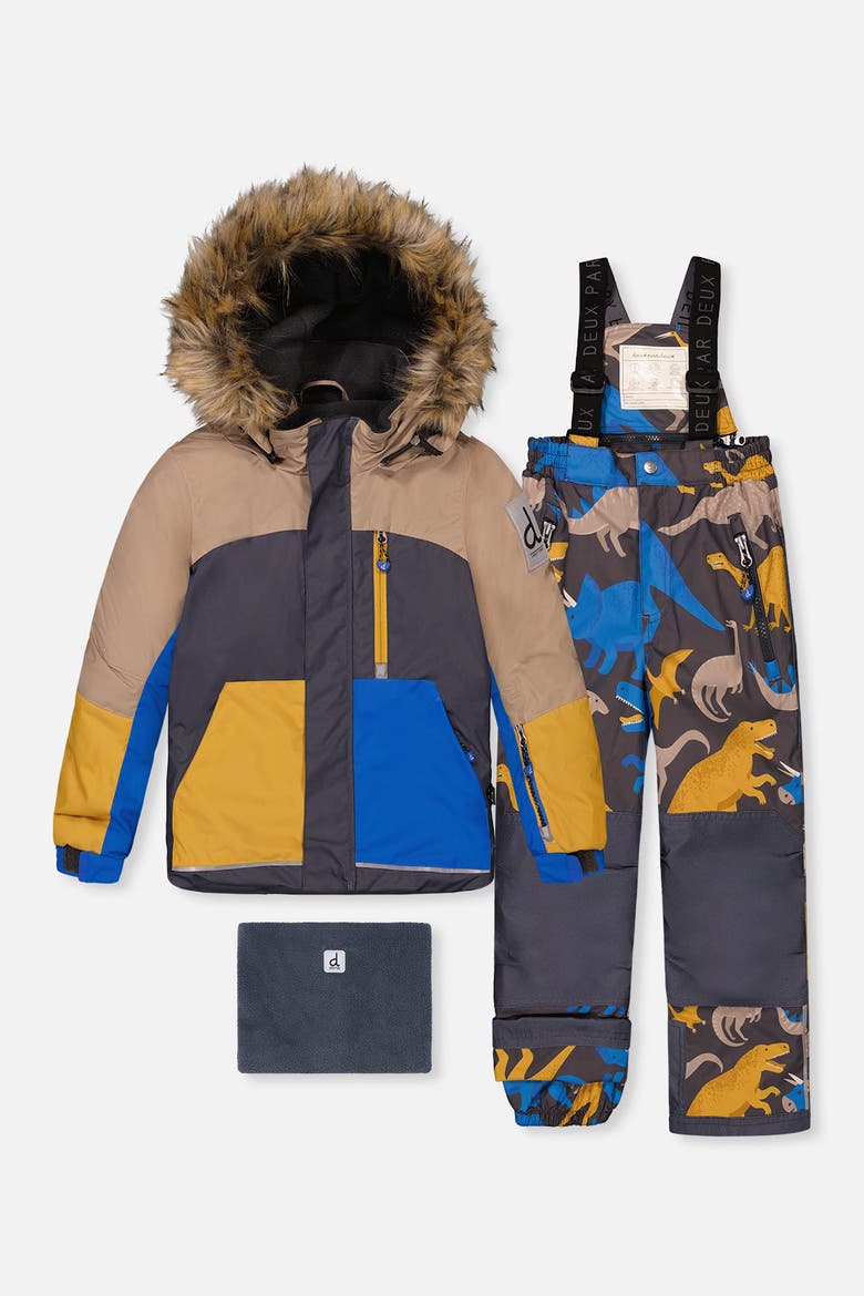 Play Faux Fur Hood Jacket & Dinosaur Pants Two Piece Snowsuit, Main, color, Grey and Blue Dinosaur Print