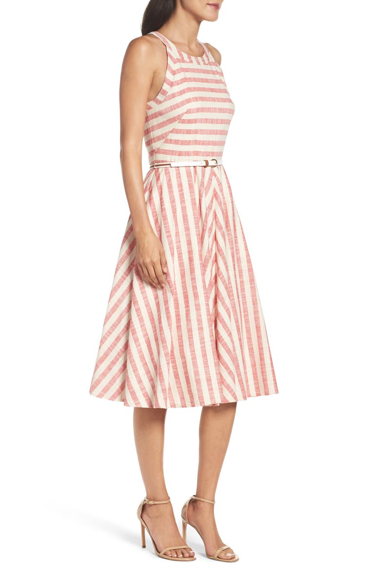 Stripe Fit & Flare Midi Dress, Alternate, color, RED/ BEIGE