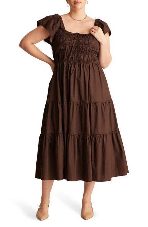 Alana Smocked Fit & Flare Cotton Tiered Midi Dress (Plus)