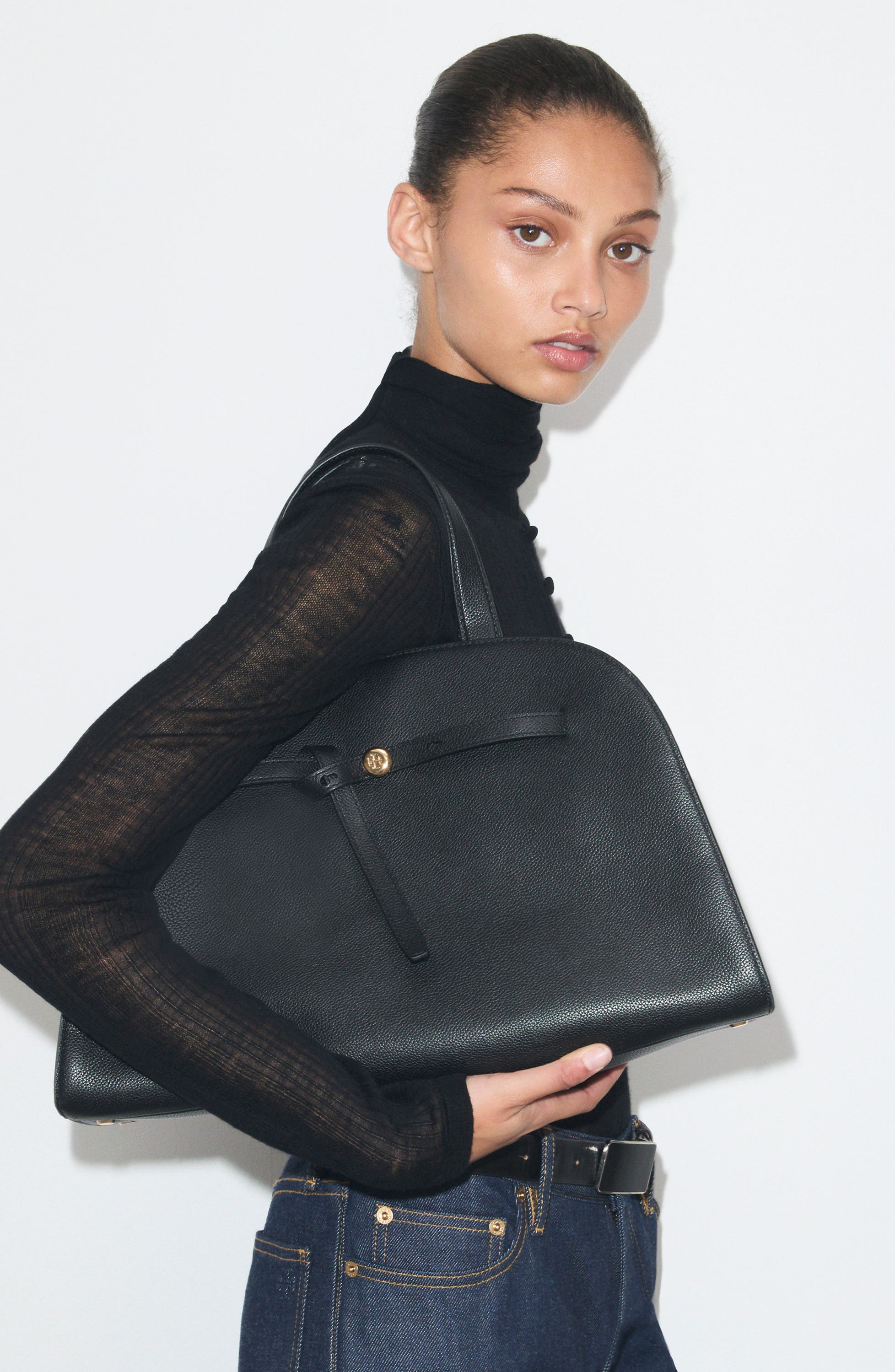 Romy Bauletto Leather Satchel, Alternate, color, BLACK