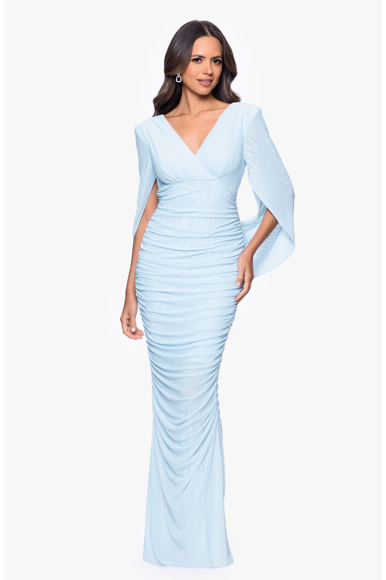Drape Detail Powermesh Gown, Alternate, color, LIGHT BLUE