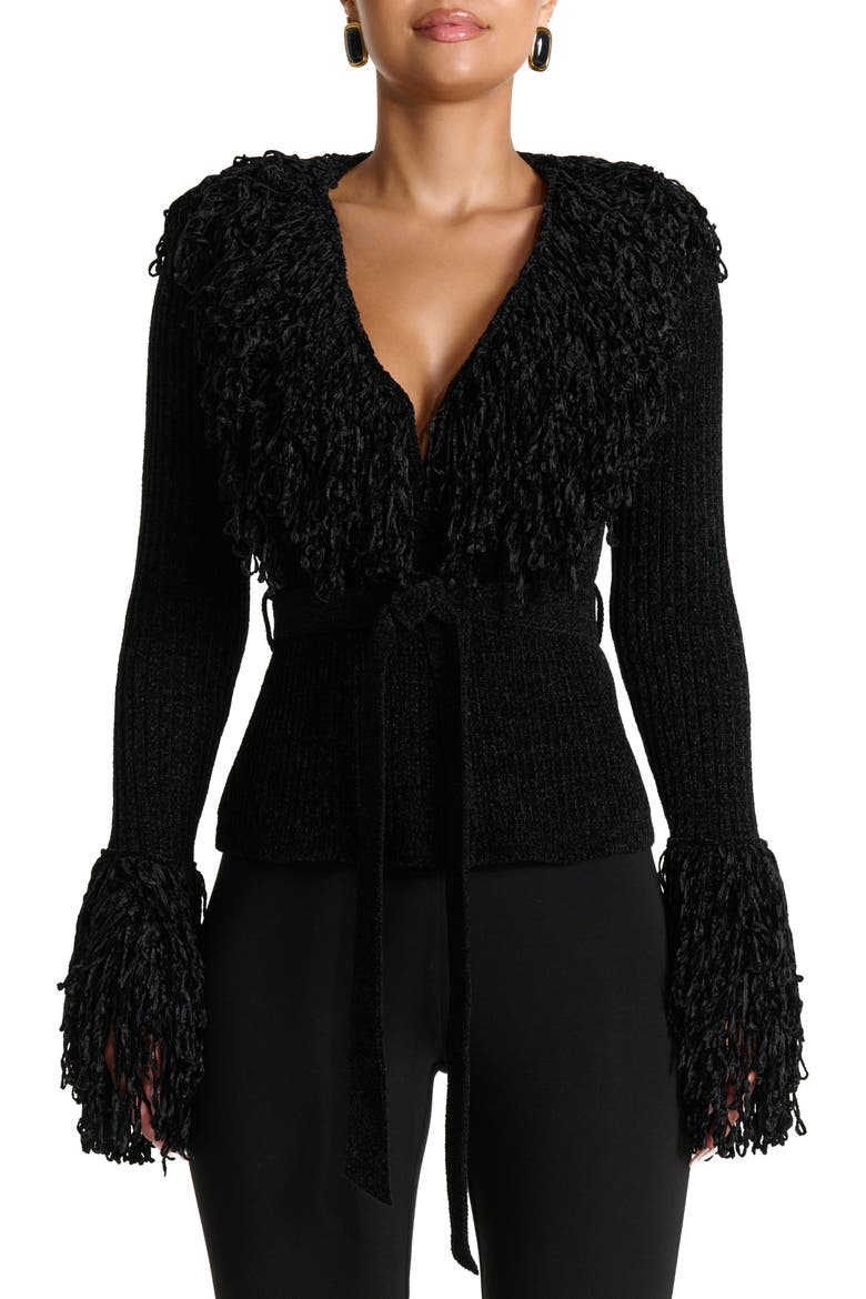 Fringe Tie Waist Chenille Cardigan, Main, color, BLACK