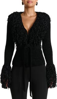 Naked Wardrobe Fringe Tie Waist Chenille Cardigan