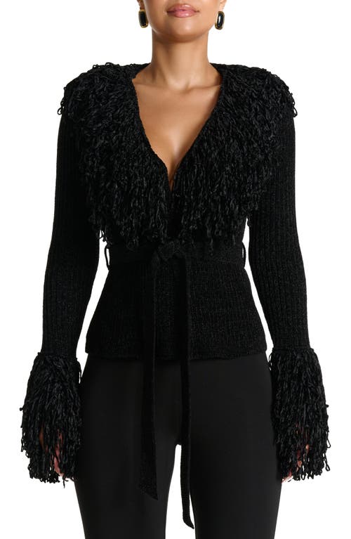Naked Wardrobe Fringe Tie Waist Chenille Cardigan In Black