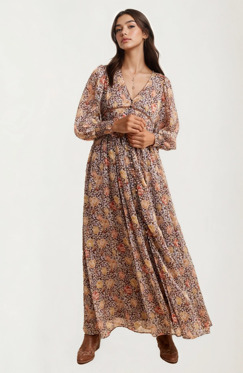 Knit and Lounge Floral Chiffon Smocked Sleeve Flowing Skirt Maxi Dress, Alternate, color, 