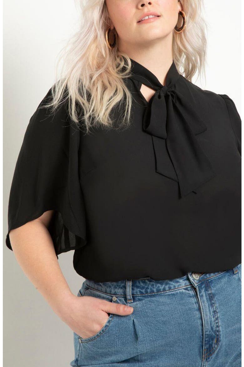 Bow Blouse With Flutter Sleeve, Alternate, color, BLACK