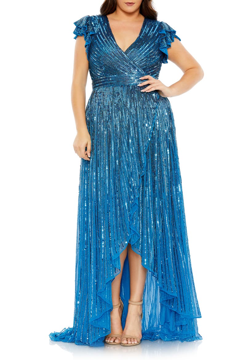 Sequin Ruffle Sleeve Faux Wrap Gown, Main, color, TEAL