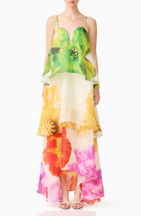 Lilia Floral Tiered High-Low Gown