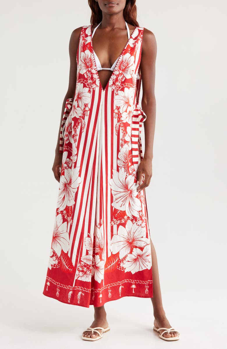 FARM Rio Floral Chains Print Cover-Up Maxi Dress, Main, color, Floral Chain Stripes