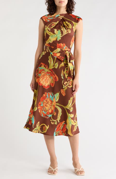 Print Tie Waist Midi Dress