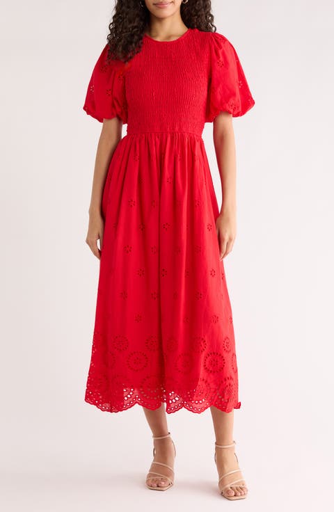Deana Eyelet Smocked Midi Dress