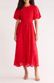 SUGARLIPS Deana Eyelet Smocked Midi Dress