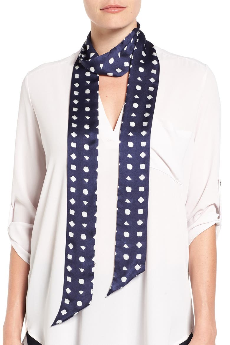 'Preppy Geo' Skinny Silk Scarf, Main, color, EVENING BLUE