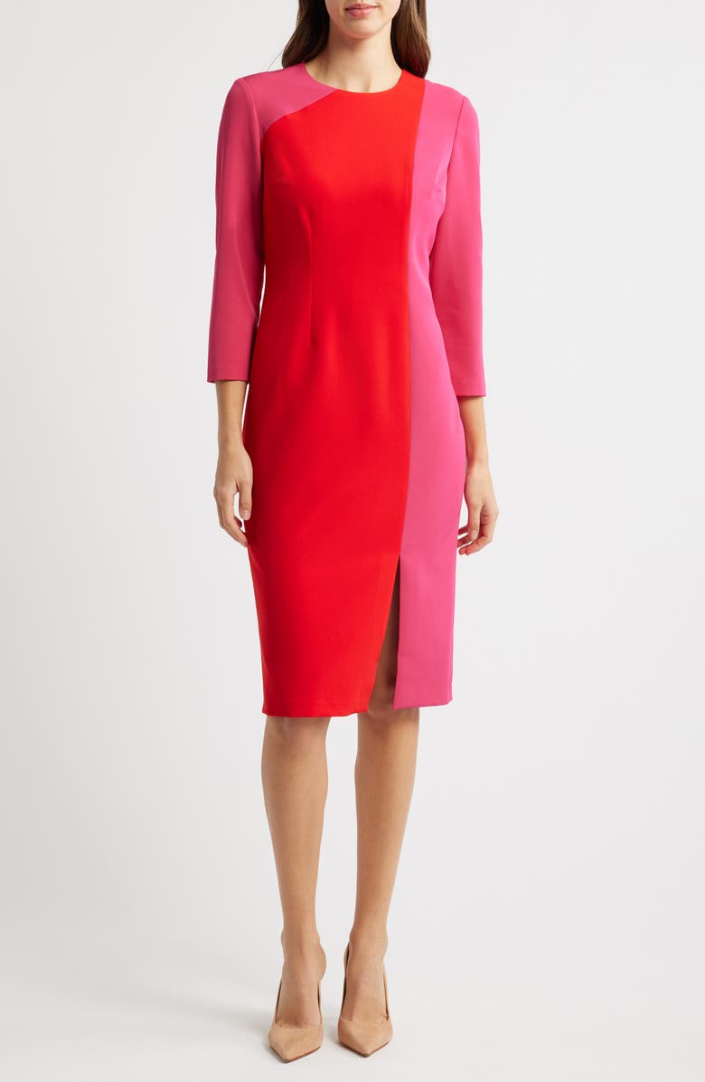 Anne Klein Colorblock Three-Quarter Sleeve Sheath Dress, Main, color, Fuchsia Rose/ Poppy (5Dn)
