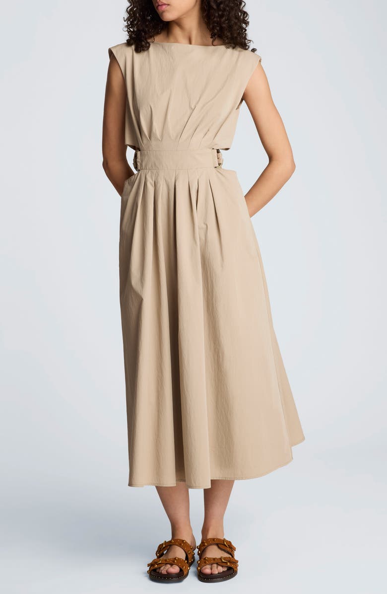 Kenneth Cole Cutout D-Ring Tie Back Midi Dress, Main, color, Timeless Taupe