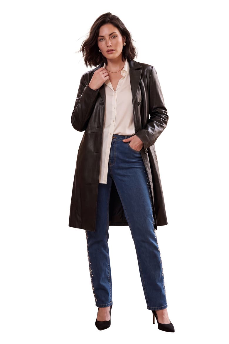 Plus Size Nappa Leather Long Button Front Coat (plus), Main, color, BLACK
