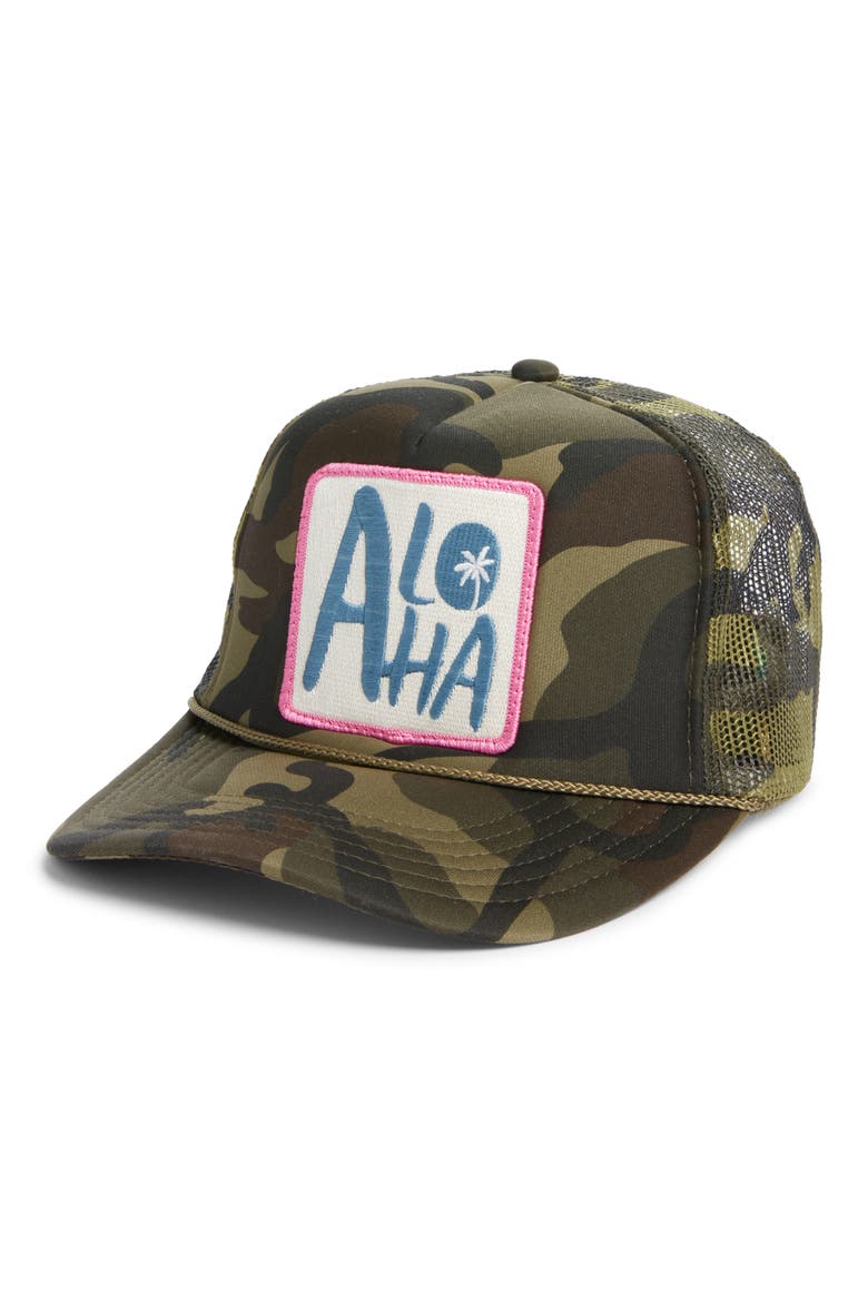 Aloha Patch Trucker Hat, Main, color, CAMO