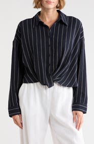 Caslon® Stripe Twist Front Textured Button-Up Top