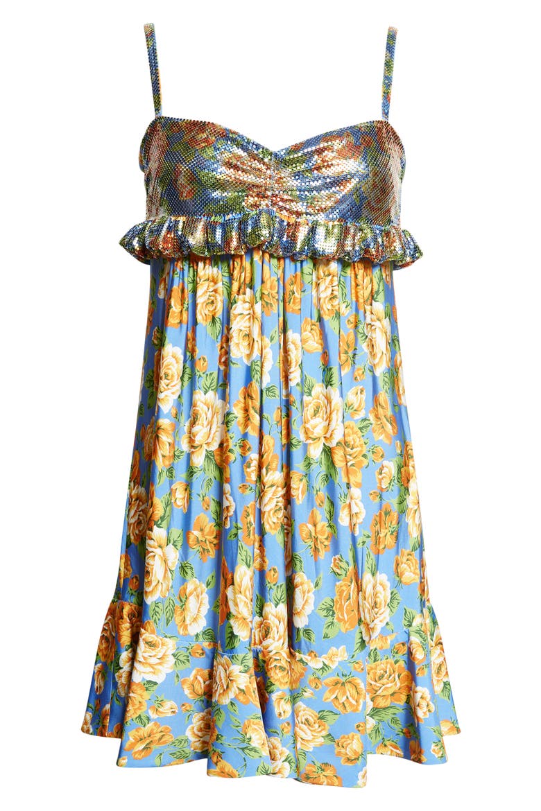 Floral Chain Mail Bodice Babydoll Dress, Alternate, color, FLORAL BLUE/ ORANGE/ PINK