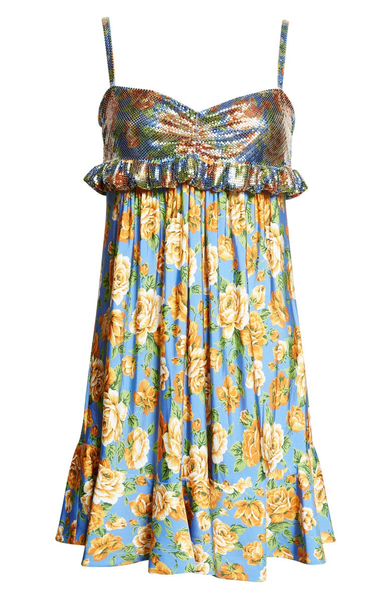Rabanne Floral Chain Mail Bodice Babydoll Dress, Alternate, color, Floral Blue/ Orange/ Pink