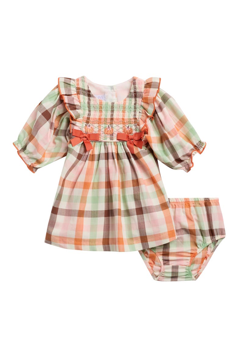 Harvest Plaid Smocked Long Sleeve Cotton Dress with Bloomers, Main, color, MULTI PINK
