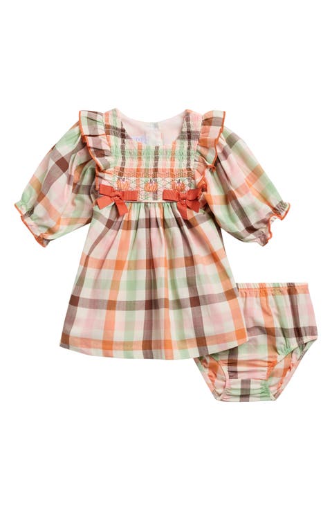 Harvest Plaid Smocked Long Sleeve Cotton Dress with Bloomers