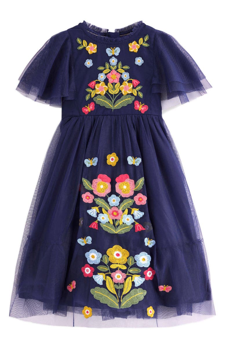 Mini Boden Kids' Embroidered Tulle Party Dress, Main, color, College Navy