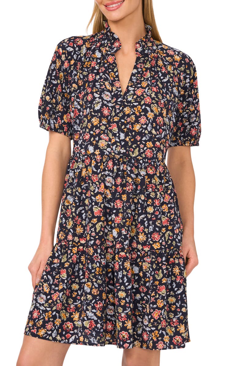 CeCe Floral Short Sleeve Minidress, Alternate, color, Classic Navy