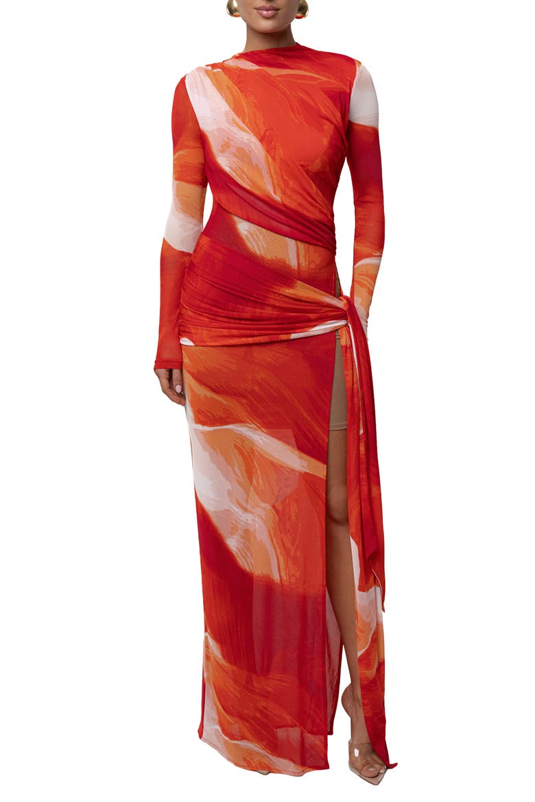 Heatwave Mesh Maxi Dress, Main, color, Sunset Red