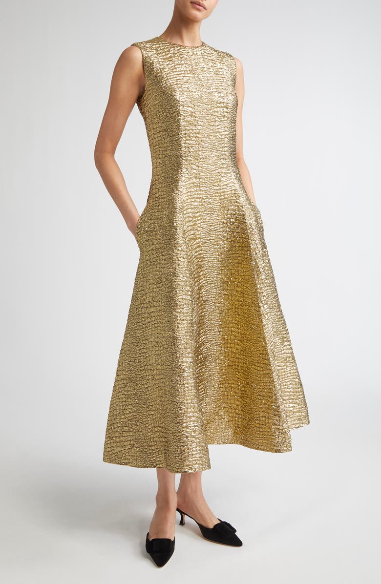 Emilia Wickstead Mara Metallic Seersucker Fit & Flare Gown, Main, color, Gold