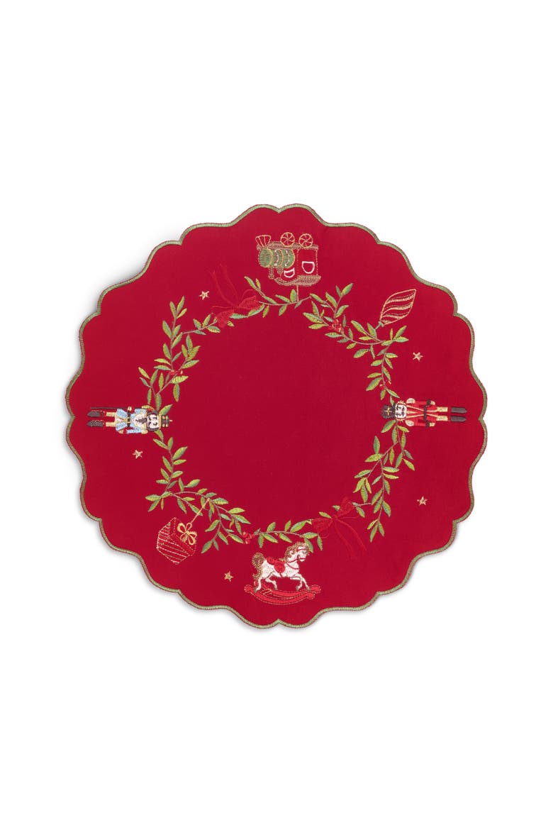 Keepsake Ornaments Velvet Embroidered Round Placemats, Set of 4, Red - 15"W x 15"L, Alternate, color, Red