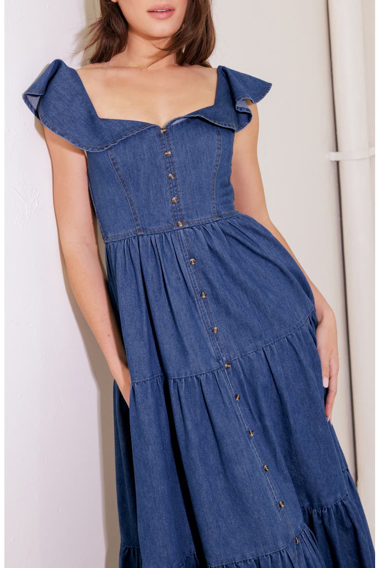 Flutter Sleeve Chambray Maxi Dress, Alternate, color, DENIM BLUE