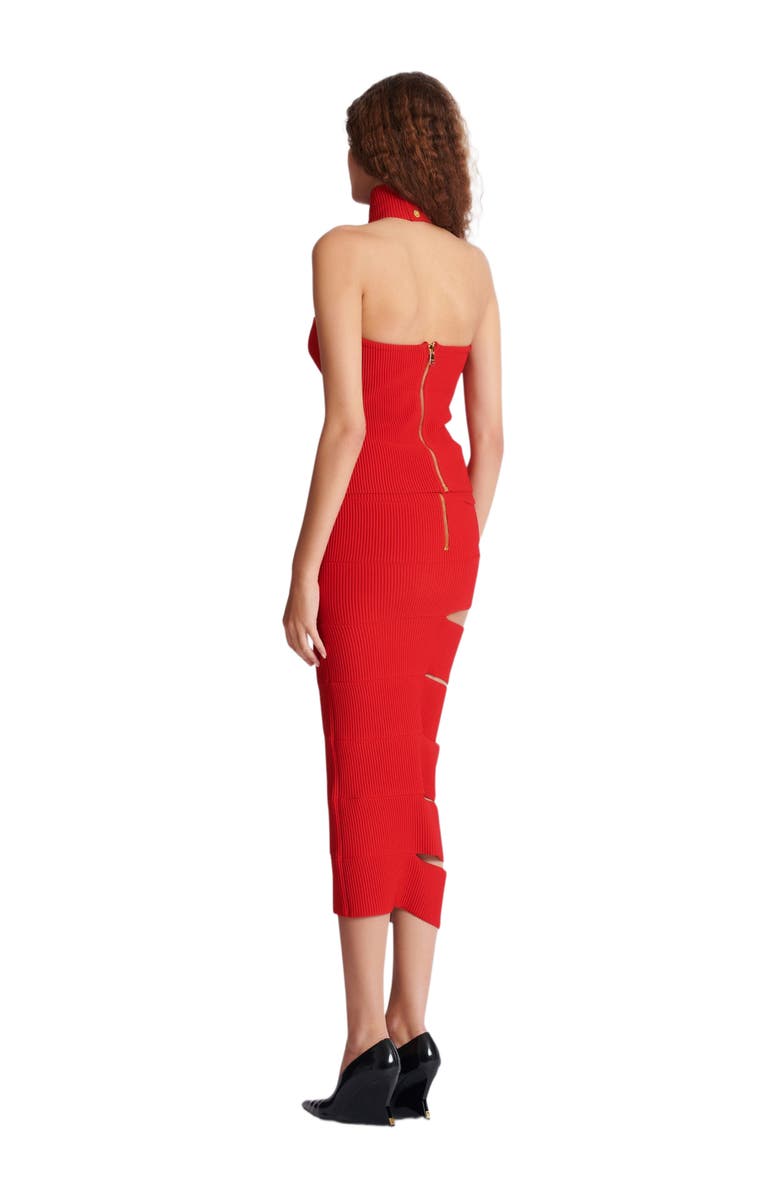 Balmain Long knit skirt with cut-outs, Alternate, color, Red