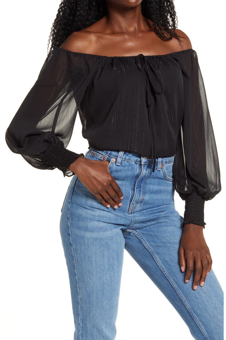 x BFF Sarah Metallic Off the Shoulder Top, Main, color, BLACK LUREX STRIPE