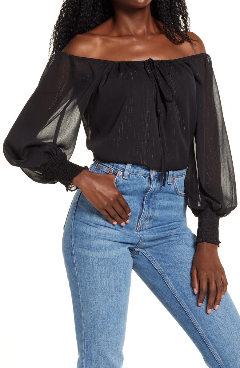 WAYF x BFF Sarah Metallic Off the Shoulder Top, Main, color,